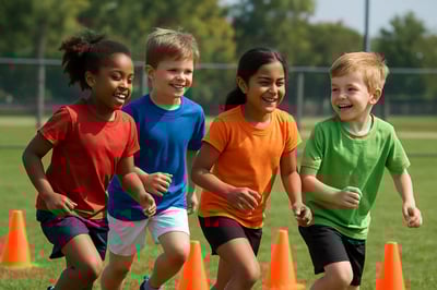Children participating in a youth sports activity, smiling and engaged.